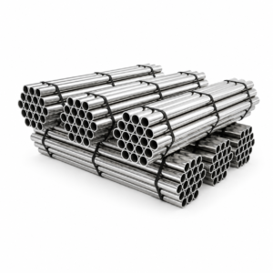 Bundles of IBR tubes, shiny metal pipes stacked and secured with black straps.