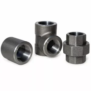 Three Monel forged fittings displayed on a white background