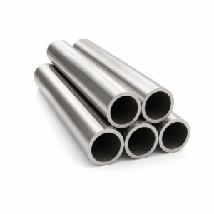Stack of stainless steel IBR tubes against white background