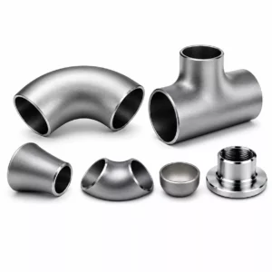 Collection of nickel butt weld fittings: elbow, tee, reducer, cap, and flange
