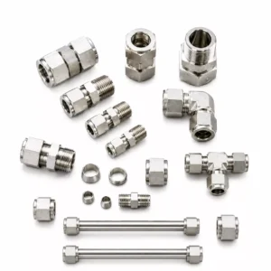 Various stainless steel tube fittings, including unions, elbows, and tees.