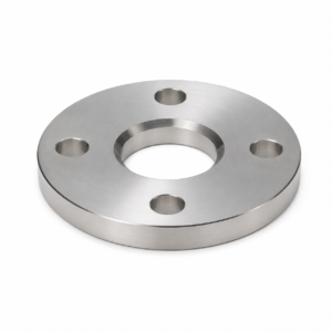 Stainless steel flange with multiple holes on a white background