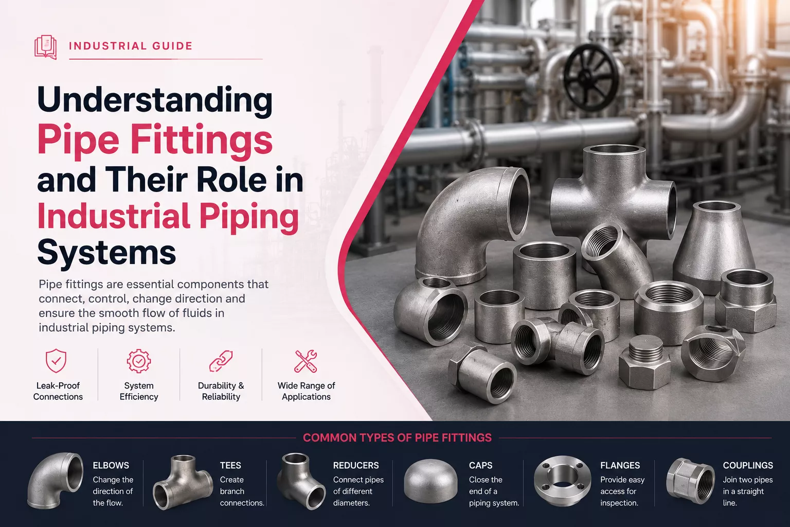Industrial guide on pipe fittings with various types like elbows, tees, reducers, caps, flanges, and couplings