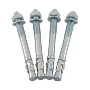 Four galvanized steel wedge anchors with nuts and washers