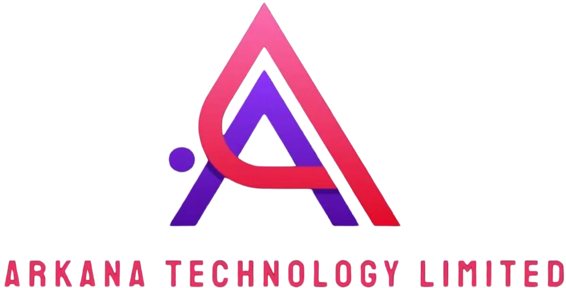 Arkana Technology Limited logo with purple triangle and red circle on black background