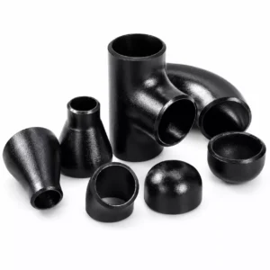 Assortment of black steel butt weld pipe fittings including elbows, tees, reducers, and caps.