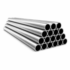 Stack of stainless steel duplex pipes against white background