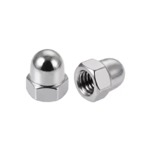 Two shiny metal acorn nuts or cap nuts, one showing internal threads.