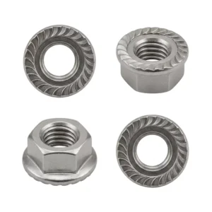 Four stainless steel castle nuts with serrated flanges, shown from multiple angles.