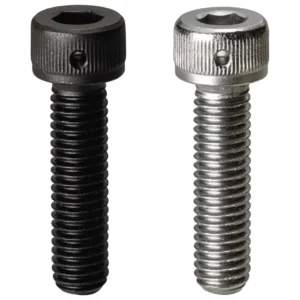 Two socket head cap screws, one black and one silver, on a white background.
