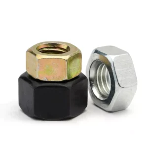 Black and brass hex nuts on white background, one with fine thread screw