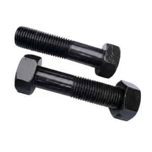 Black hex bolt with nut isolated on white background