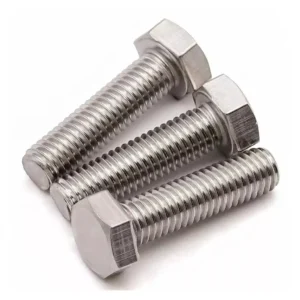 Three stainless steel hex bolts on a white background