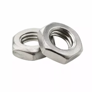 Two stainless steel hexagon thin nuts on a white background