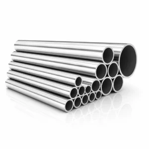 Stacked stainless steel pipes against a white background