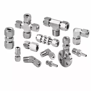 Assortment of stainless steel tube fittings and a flange