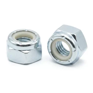 Two silver castle nuts with nylon inserts, showing threaded interiors.