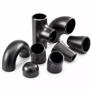 Assortment of black steel butt weld pipe fittings including elbows, tees, and caps.