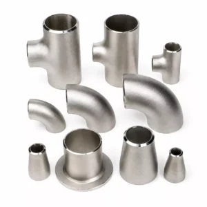 Assortment of titanium forged fittings: elbows, tees, reducers, and flanges.