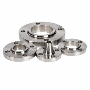 Five stainless steel Inconel flanges in a white background