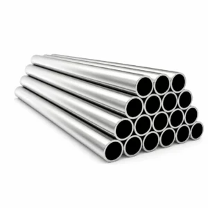 Stack of shiny Hastelloy pipes, industrial metal tubing