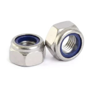 Two silver and blue metal Nyloc nuts on white background