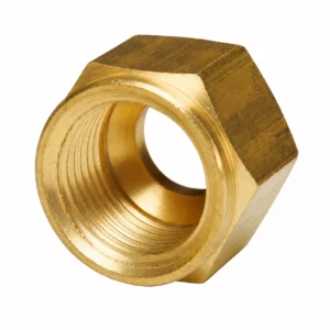 Gold-colored blind nut with hexagonal shape for plumbing