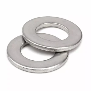 Two stainless steel flat washers stacked on a white background