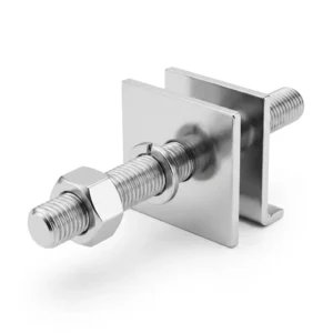 U-bolt with square plates and nut, securing two parallel surfaces.