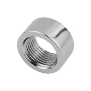 Close-up of a shiny silver Nyloc nut with threaded interior