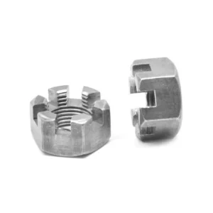 Stainless steel fine thread screw with nut on white background