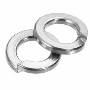 Two stainless steel plain washers on a white background