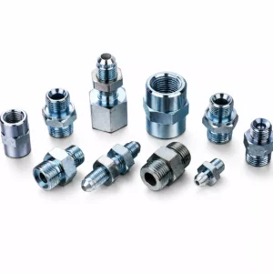 Assortment of shiny metal forged fittings, including adapters and couplings.
