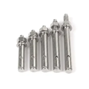 Five stainless steel U-bolts with nuts displayed on white background